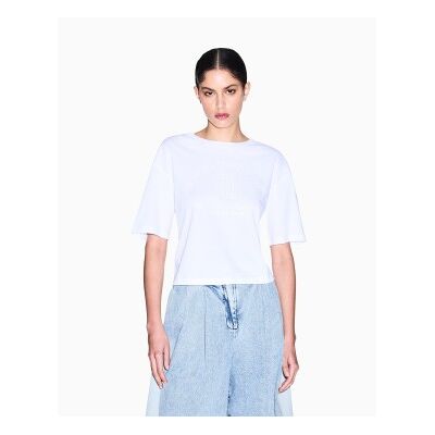 Giorgio Armani A X Armani Exchangevoor vrouwen. XW002335AF10356U0002 Kort wit katoenen gebreid T-shirt (L), Casual, Lange mouwen Giorgio Armani A X Armani Exchangevoor vrouwen. XW002335AF10356U0002 Kort wit katoenen gebreid T-shirt (L), Casual, Lange mouwen