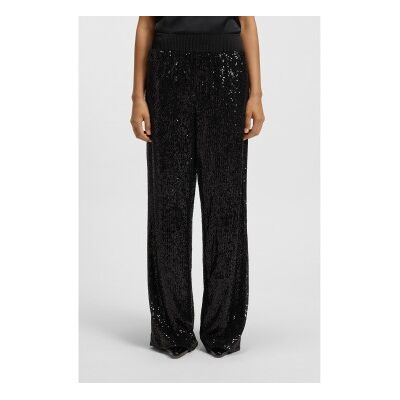 BOSSvoor vrouwen. 50548327 Broek met wijde pijpen en zwarte paillettenversieringen (38), Feest, Polyester BOSSvoor vrouwen. 50548327 Broek met wijde pijpen en zwarte paillettenversieringen (38), Feest, Polyester