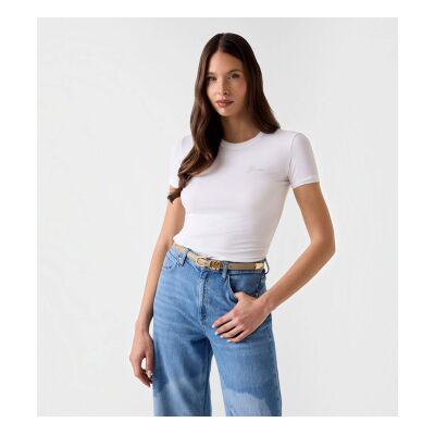 Guessvoor vrouwen. W6YI12K3751 Wit shirt met logo van strassteentjes (XS), Casual, Modaal, Korte mouwen Guessvoor vrouwen. W6YI12K3751 Wit shirt met logo van strassteentjes (XS), Casual, Modaal, Korte mouwen