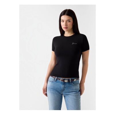 Guessvoor vrouwen. W6YI12K3751 Zwart T-shirt met logo van strass-steentjes (S), Casual, Modaal, Korte mouwen Guessvoor vrouwen. W6YI12K3751 Zwart T-shirt met logo van strass-steentjes (S), Casual, Modaal, Korte mouwen