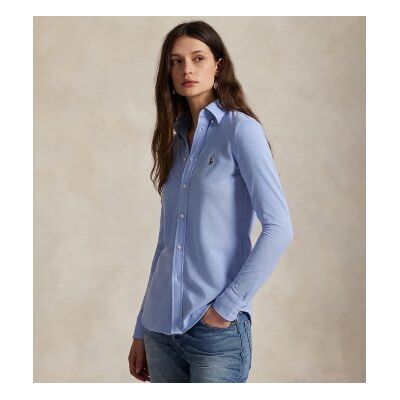 Polo Ralph Laurenvoor vrouwen. 211664427001 Slank oxford overhemd van blauwe gebreide katoenjersey (XS), Casual, Lange mouwen Polo Ralph Laurenvoor vrouwen. 211664427001 Slank oxford overhemd van blauwe gebreide katoenjersey (XS), Casual, Lange mouwen