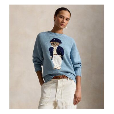 Polo Ralph Laurenvoor vrouwen. 211B17743001 Oversized katoenen trui met blauwe Polo Bear (S), Casual, Lange mouwen Polo Ralph Laurenvoor vrouwen. 211B17743001 Oversized katoenen trui met blauwe Polo Bear (S), Casual, Lange mouwen