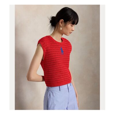 Polo Ralph Laurenvoor vrouwen. 211A12704001 Gehaakte katoenen trui met rode Big Pony (XS), Rood, Casual, Mouwloos / spaghettibandjes Polo Ralph Laurenvoor vrouwen. 211A12704001 Gehaakte katoenen trui met rode Big Pony (XS), Rood, Casual, Mouwloos / spaghettibandjes