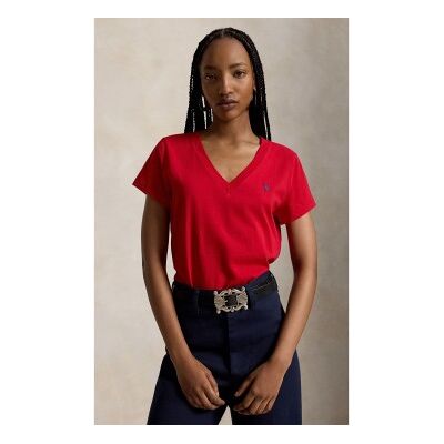 Polo Ralph Laurenvoor vrouwen. 211B14611004 Gebreid T-shirt met rode V-hals (XS), Rood, Casual, Katoen, Korte mouwen Polo Ralph Laurenvoor vrouwen. 211B14611004 Gebreid T-shirt met rode V-hals (XS), Rood, Casual, Katoen, Korte mouwen