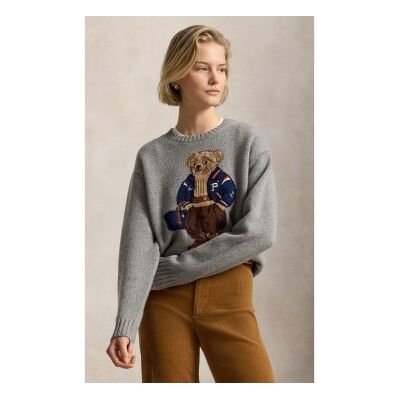 Polo Ralph Laurenvoor vrouwen. 211B17771002 Wollen trui met cashmere en Polo Bear grijs (L), Casual, Lange mouwen Polo Ralph Laurenvoor vrouwen. 211B17771002 Wollen trui met cashmere en Polo Bear grijs (L), Casual, Lange mouwen