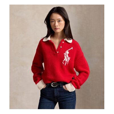 Polo Ralph Laurenvoor vrouwen. 211B17749002 Rugby trui van wol met rode Big Pony (L), Rood, Casual, Lange mouwen Polo Ralph Laurenvoor vrouwen. 211B17749002 Rugby trui van wol met rode Big Pony (L), Rood, Casual, Lange mouwen