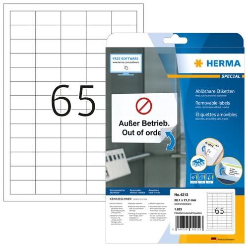 Etiket herma 4212 38.1x21.2mm verwijderbaar wit 1625stuks