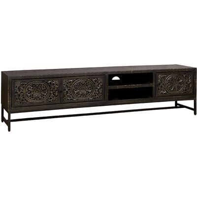 TV meubel Casina 3-deurs - Teakhout - Metaal - Zwart - Tower Living Zwart TV meubel Casina 3-deurs - Teakhout - Metaal - Zwart - Tower Living Zwart