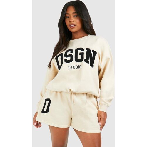 boohoo Plus Dsgn Towelling Sweatshirt Short Tracksuit, Ecru 18