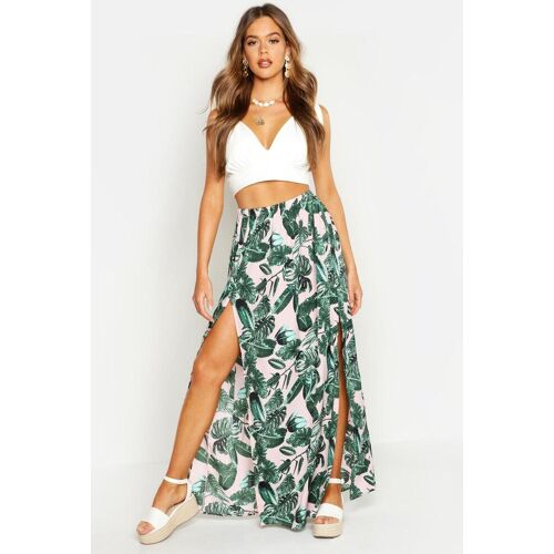 boohoo Palm Print Maxi Rok Met Zijsplit, Pink 38