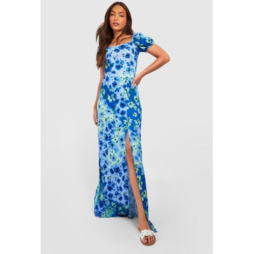 boohoo Tall Bloemen Maxi Jurk Met Pofmouwen En Zijsplit En Zijsplit, Blue 34