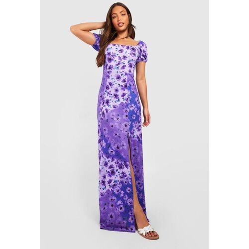 boohoo Tall Bloemen Maxi Jurk Met Pofmouwen En Zijsplit En Zijsplit, Lilac 36