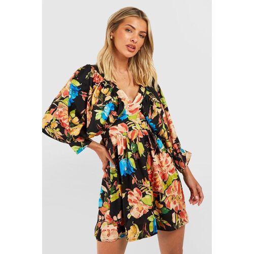 boohoo Gesmokte Bloemen Jurk Met Vleermuismouwen, Black 38