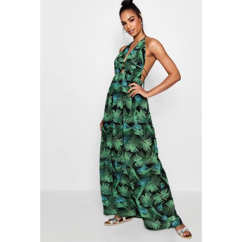 boohoo Tall Palm Print Maxi Jurk Met Laag Decolleté, Bladgroen 42