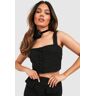 boohoo Tweed Crop Top Met Vierkante Hals En Knopen, Black 40