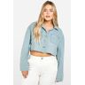 boohoo Plus Light Weight Cropped Denim Long Sleeve Shirt, Light Blue 28