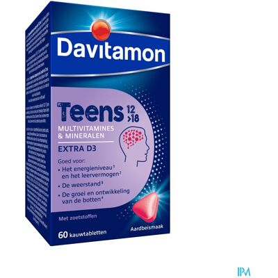 Davitamon Tiener Multivitaminen - Aardbei - Energie, Weerstand - 60 Kauwtabletten Davitamon Tiener Multivitaminen - Aardbei - Energie, Weerstand - 60 Kauwtabletten