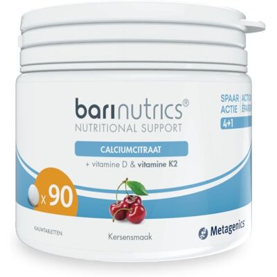 Barinutrics Calciumcitraat K2 Kers NF 90 Kauwtabletten - Voedingssupplement Barinutrics Calciumcitraat K2 Kers NF 90 Kauwtabletten - Voedingssupplement