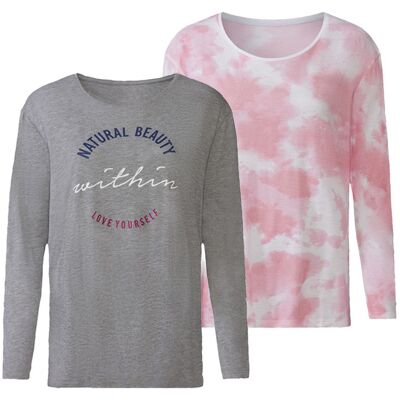esmara 2 dames shirts met lange mouwen (Grijs/roze, S (36-38)) esmara 2 dames shirts met lange mouwen (Grijs/roze, S (36-38))