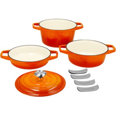 SILVERCREST Gietijzeren pannenset, 3 pannen, 1 deksel (Oranje) SILVERCREST Gietijzeren pannenset, 3 pannen, 1 deksel (Oranje)