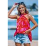 Roze bloemen twist halter tanktop Heet neonroze XL