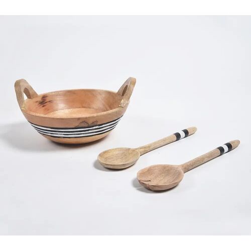 Aromaa Turned&Striped Mango Wood Salad Bowl With Spoons