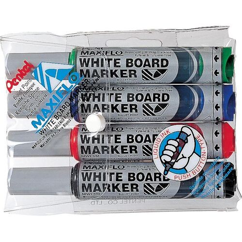 Pentel Whiteboardmarker Maxiflo set van 4 kleuren (blauw, rood, groen en zwart)