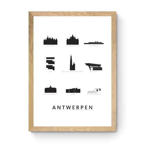 Kunst In Kaart Antwerpen Architectuur - Ingelijst - Eiken Eiken