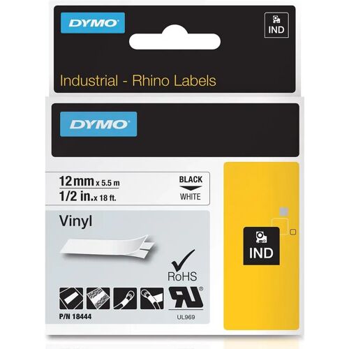 Dymo RHINO vinyltape 12 mm, zwart op wit 5 stuks