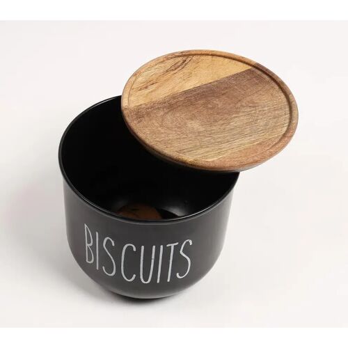 Aromaa Matte-Black Typographic Metal Canister with Wooden Lid