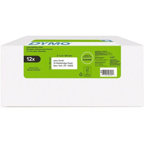 Dymo etiketten LabelWriter ft 25 x 54 mm, wit, doos van 12 x 500 etiketten