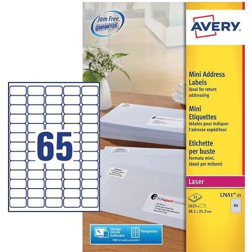 Avery L7651-25 mini adresetiketten ft 38,1 x 21,2 mm (b x h), 1.625 etiketten, wit