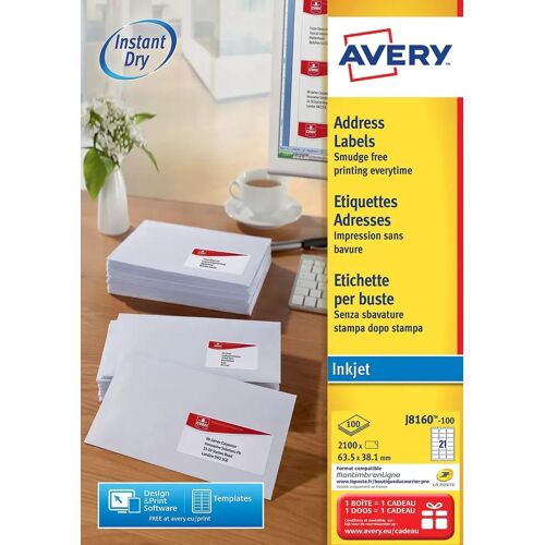 Avery J8160-100 adresetiketten 63,5 x 38,1 mm (b x h), 2.100 etiketten, wit