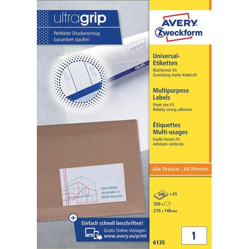 Avery universele A5 etiketten Ft 210 x 148 mm (b x h), wit, doos van 200 etiketten