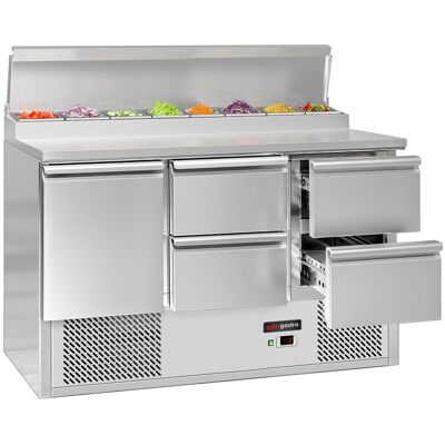 GGM Gastro Zubereitungstisch Mini ECO - 1365mm - 1 Tür & 4 Schubladen - für 8x GN 1/6 Zilver GGM Gastro Zubereitungstisch Mini ECO - 1365mm - 1 Tür & 4 Schubladen - für 8x GN 1/6 Zilver