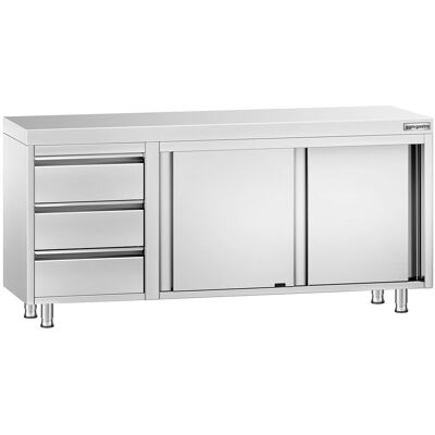 GGM Gastro RVS Werkkast PREMIUM - 1800x700mm - met 2 schuifdeuren, 3 laden links zilver GGM Gastro RVS Werkkast PREMIUM - 1800x700mm - met 2 schuifdeuren, 3 laden links zilver