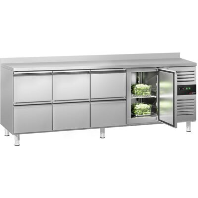 GGM Gastro Kühltisch ECO - 2230x700mm - mit 1 Tür - 6 Schubladen - mit Aufkantung Zilver GGM Gastro Kühltisch ECO - 2230x700mm - mit 1 Tür - 6 Schubladen - mit Aufkantung Zilver