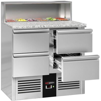GGM Gastro Saladette PREMIUM - 903mm - 4 Schubladen - mit Edelstahlaufsatz für 5x GN 1/6 Zilver GGM Gastro Saladette PREMIUM - 903mm - 4 Schubladen - mit Edelstahlaufsatz für 5x GN 1/6 Zilver
