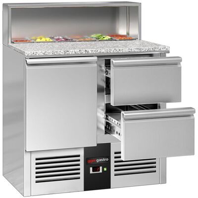 GGM Gastro Saladette PREMIUM - 903mm - 1 Tür & 2 Schubladen - mit Edelstahlaufsatz für 5x GN 1/6 Zilver GGM Gastro Saladette PREMIUM - 903mm - 1 Tür & 2 Schubladen - mit Edelstahlaufsatz für 5x GN 1/6 Zilver