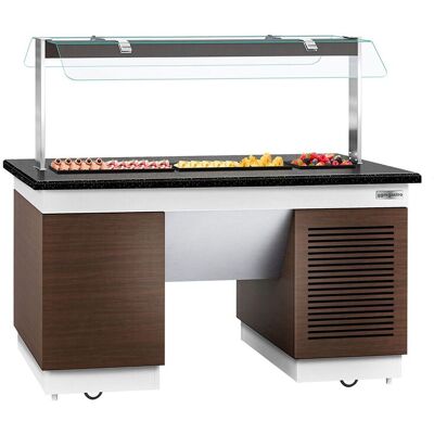 GGM Gastro Buffettheke kalt DUBLIN - 1600mm - mit Kühlplatte & Rollen Bruin / Zwart / Wit GGM Gastro Buffettheke kalt DUBLIN - 1600mm - mit Kühlplatte & Rollen Bruin / Zwart / Wit
