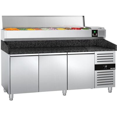 GGM Gastro Pizzakühltisch PREMIUM - 2000x800mm - mit 3 Türen - inkl. Kühlaufsatzvitrine - 9x GN 1/3 Zilver GGM Gastro Pizzakühltisch PREMIUM - 2000x800mm - mit 3 Türen - inkl. Kühlaufsatzvitrine - 9x GN 1/3 Zilver