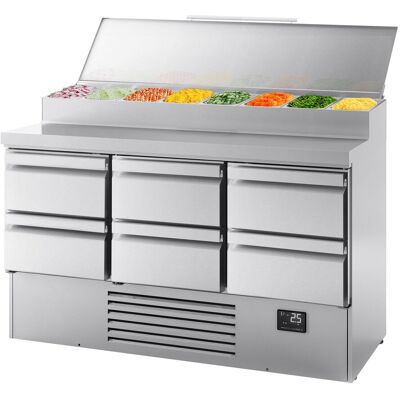 GGM Gastro Zubereitungskühltisch Mini - 1460x700mm - mit 6 Schubladen - Edelstahlaufsatz 8x GN 1/4 GGM Gastro Zubereitungskühltisch Mini - 1460x700mm - mit 6 Schubladen - Edelstahlaufsatz 8x GN 1/4