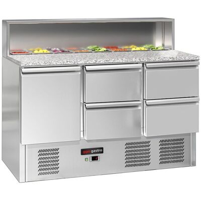 GGM Gastro Saladette ECO - 1368mm - 1 Tür & 4 Schubladen - mit Edelstahlaufsatz für 8x GN 1/6 Zilver GGM Gastro Saladette ECO - 1368mm - 1 Tür & 4 Schubladen - mit Edelstahlaufsatz für 8x GN 1/6 Zilver