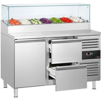 GGM Gastro Zubereitungstisch PREMIUM - 1360mm - 1 Tür & 2 Schubladen - mit Glasaufsatz - für 7x GN 1/3 GGM Gastro Zubereitungstisch PREMIUM - 1360mm - 1 Tür & 2 Schubladen - mit Glasaufsatz - für 7x GN 1/3