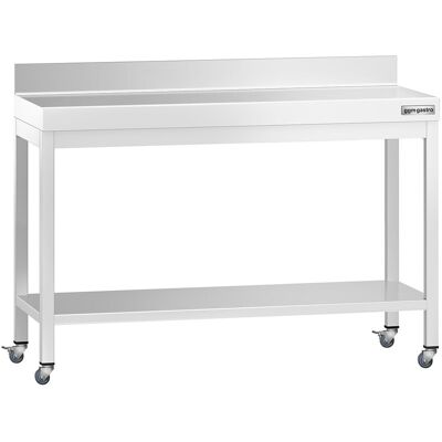 GGM Gastro Edelstahl Arbeitstisch PREMIUM - 1200x600mm - mit Grundboden, Aufkantung & Rollen GGM Gastro Edelstahl Arbeitstisch PREMIUM - 1200x600mm - mit Grundboden, Aufkantung & Rollen