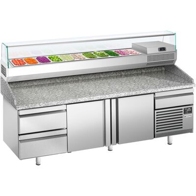 GGM Gastro Pizzakühltisch Premium PLUS - 2305x800mm - mit 2 Türen & 3 Schubladen - inkl. Kühlaufsatzvitrine - 11x GN 1/4 Zilver GGM Gastro Pizzakühltisch Premium PLUS - 2305x800mm - mit 2 Türen & 3 Schubladen - inkl. Kühlaufsatzvitrine - 11x GN 1/4 Zilver