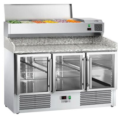 GGM Gastro Pizzakühltisch ECO - 1400x700mm - mit 3 Glastüren - inkl. Kühlaufsatzvitrine - 6x GN 1/4 GGM Gastro Pizzakühltisch ECO - 1400x700mm - mit 3 Glastüren - inkl. Kühlaufsatzvitrine - 6x GN 1/4