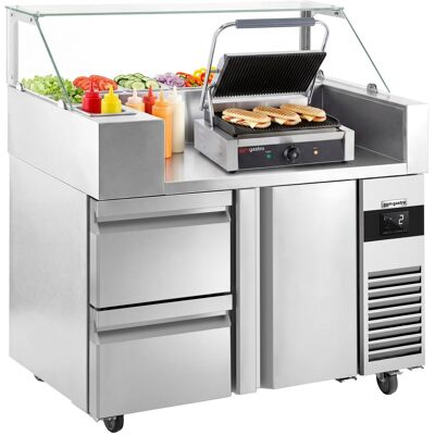 GGM Gastro Zubereitungstisch - 1210mm - 1 Tür & 2 Schubladen - für 9x GN 1/6 - inkl. Kontaktgrill Zilver GGM Gastro Zubereitungstisch - 1210mm - 1 Tür & 2 Schubladen - für 9x GN 1/6 - inkl. Kontaktgrill Zilver