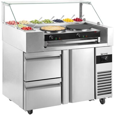 GGM Gastro Zubereitungstisch - 1210mm - 1 Tür & 2 Schubladen - für 9x GN 1/6 Behälter - inkl. Crêpes-Gerät mit 2 Platten Zilver GGM Gastro Zubereitungstisch - 1210mm - 1 Tür & 2 Schubladen - für 9x GN 1/6 Behälter - inkl. Crêpes-Gerät mit 2 Platten Zilver