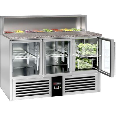 GGM Gastro Saladette PREMIUM - 1370mm - 3 Glastüren - für 7x Behälter GN 1/6 - Edelstahlaufsatz GGM Gastro Saladette PREMIUM - 1370mm - 3 Glastüren - für 7x Behälter GN 1/6 - Edelstahlaufsatz